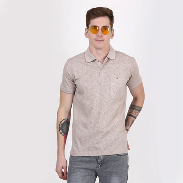 Mazey Beige Printed Pocket Polo T-shirt