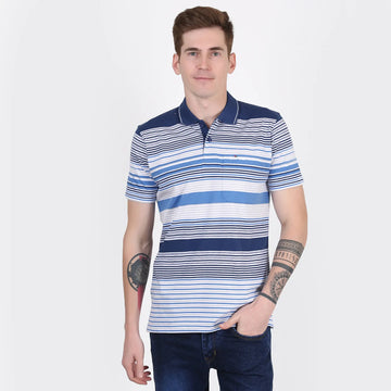 Blue White Striped Pocket Polo T-shirt
