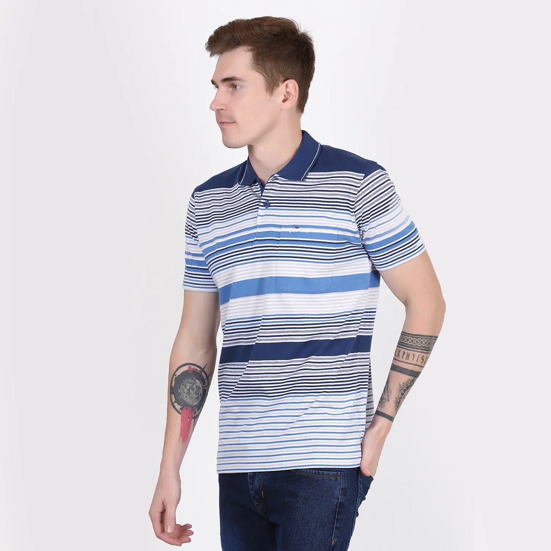 Blue White Striped Pocket Polo T-shirt