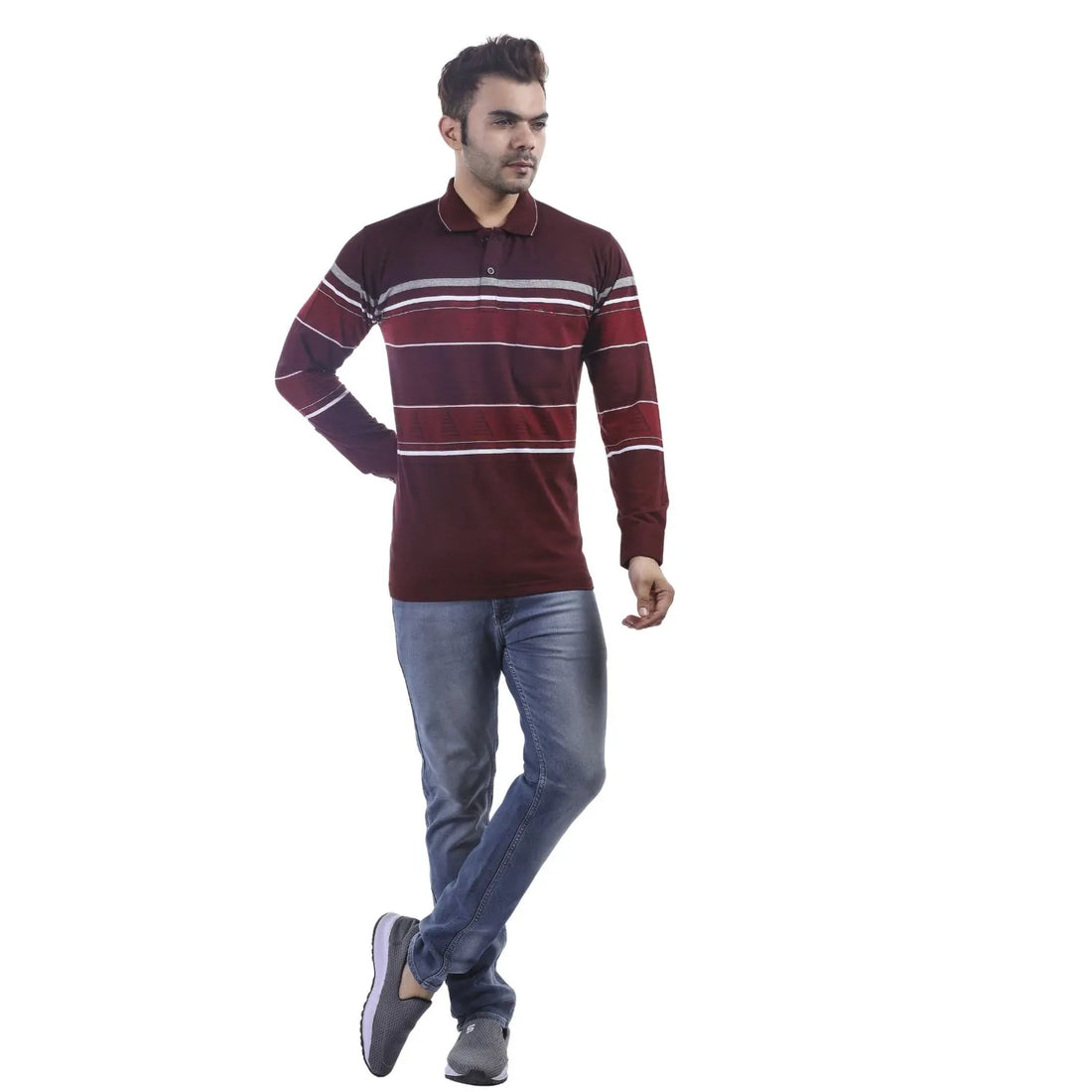 Maroon Striped Full Sleeves T-shirt