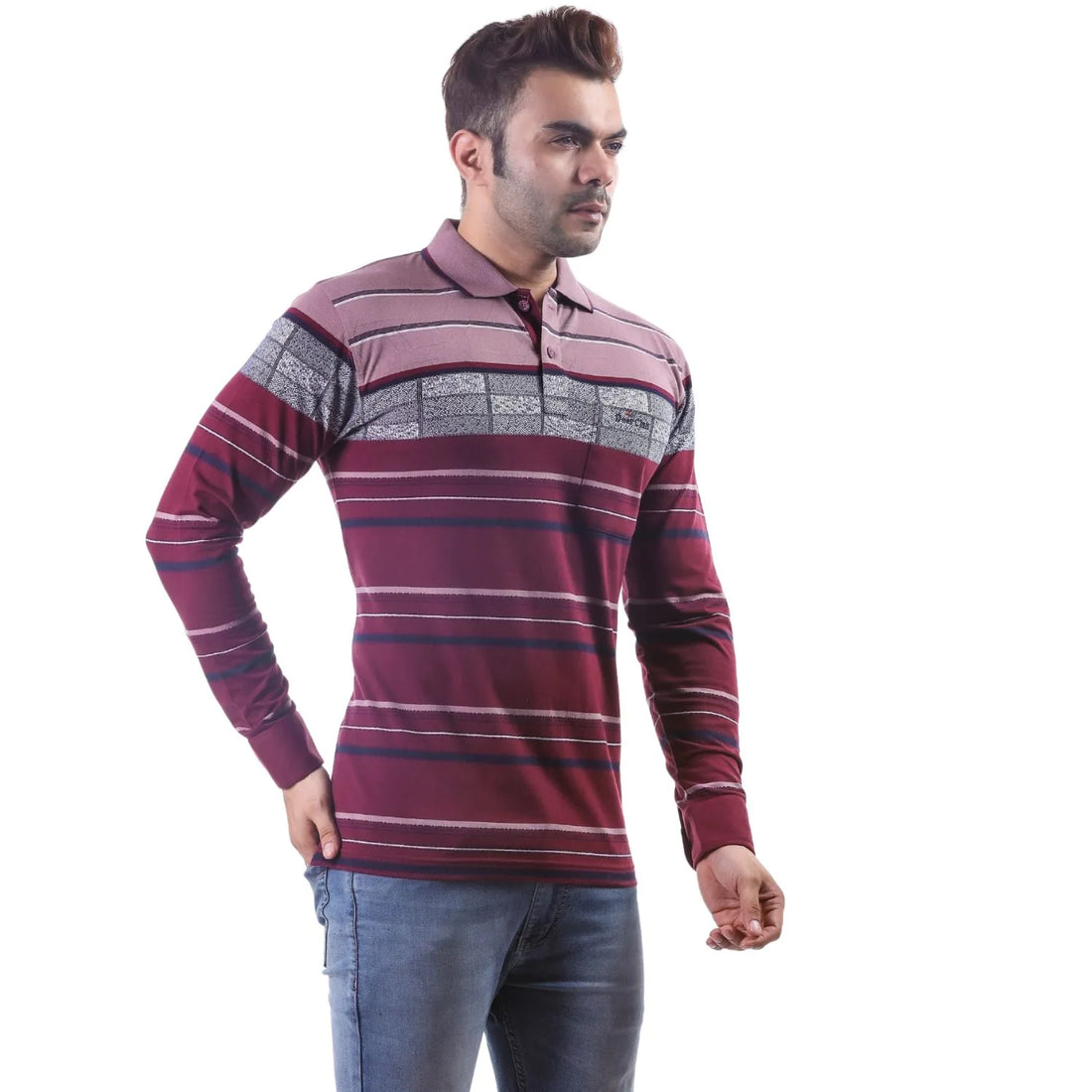 Maroon Striped Full Sleeves T-shirt